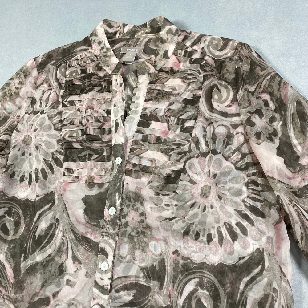 Chico's 3/4 Sleeve Button Up V-Neck Floral Blouse Womens Size 1 Pink Brown Sheer